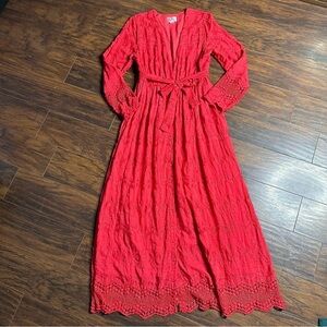 Olivia Culpo x Le Tote Red Long Sleeve Embroidered Button Midi Dress